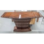 CONSOLE TABLE, Art Deco style burr wood banded top and mahogany with metal detail,