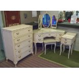 BEDROOM SUITE, white finish, comprising a mirrored and five drawer dressing table,