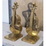 BOOKENDS, a pair, brass in the form of double basses, 28cm H.