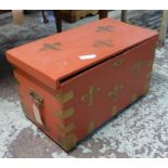 TRUNK, red and gilt painted 47cm H x 80cm x 43cm and one other 51cm H x 50cm x 49cm.