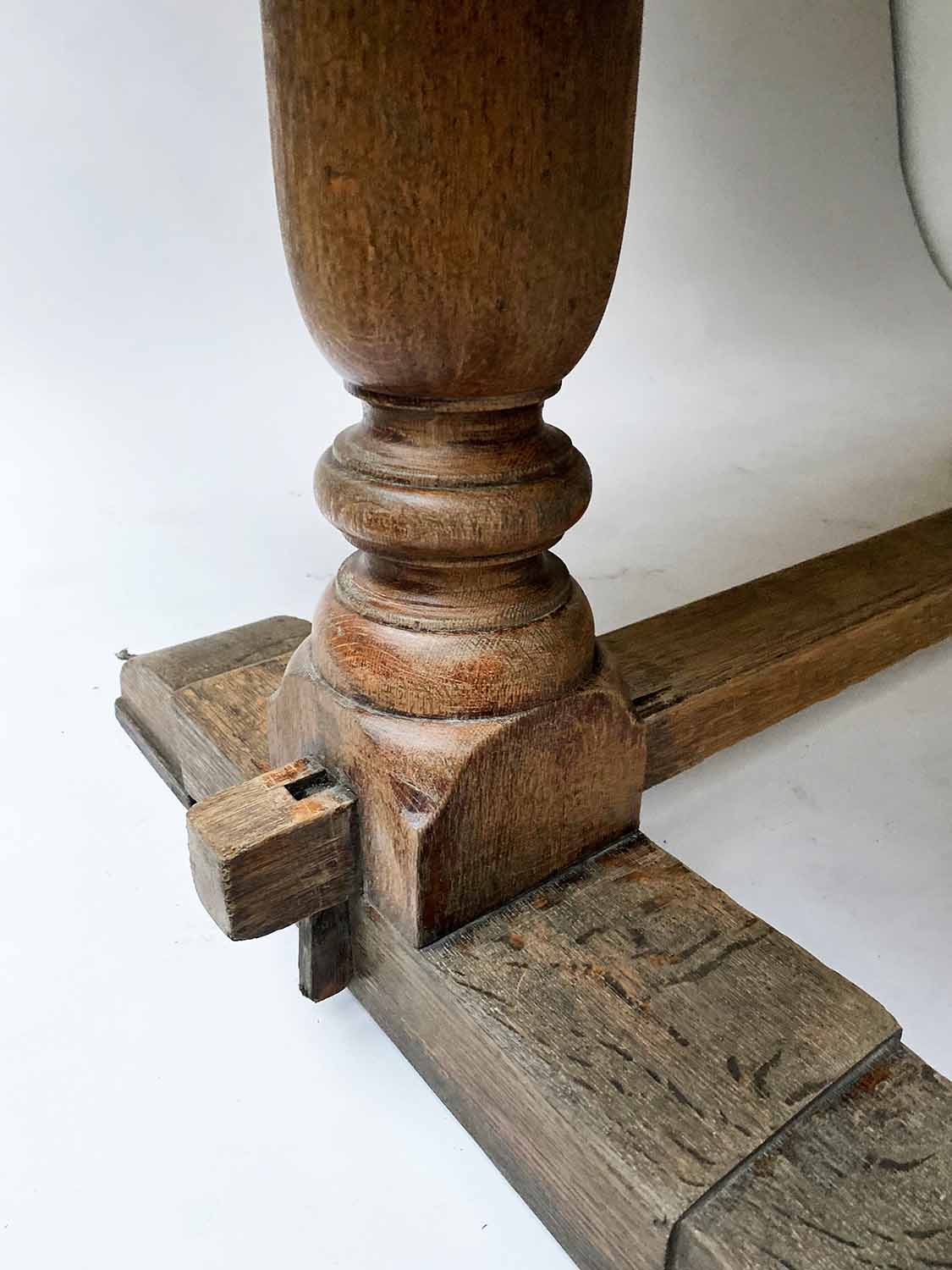 REFECTORY TABLE, mid 20th century rectangular planked oak on turned stretchered twin supports, - Image 3 of 3