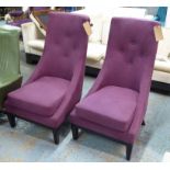 SLIPPER CHAIRS, a pair, buttoned back in maroon upholstery on ebonised legs.