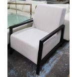 ARMCHAIR, cream lozenge upholstery with open arms in darkwood, 72cm W.