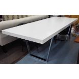 DINING TABLE, contemporary white lacquered top on polished metal supports, 220cm x 90cm x 77cm.