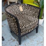 TUB CHAIR, in black and cream geometric upholstery with ebonised frame, 74cm W.