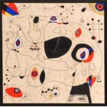 JOAN MIRO 'Abstract', textile, 78cm x 78cm, framed and glazed.