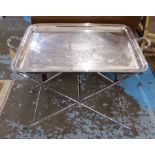 TRAY ON STAND, early 20th century silver plate handled tray on folding stand, 81cm x 61cm H.