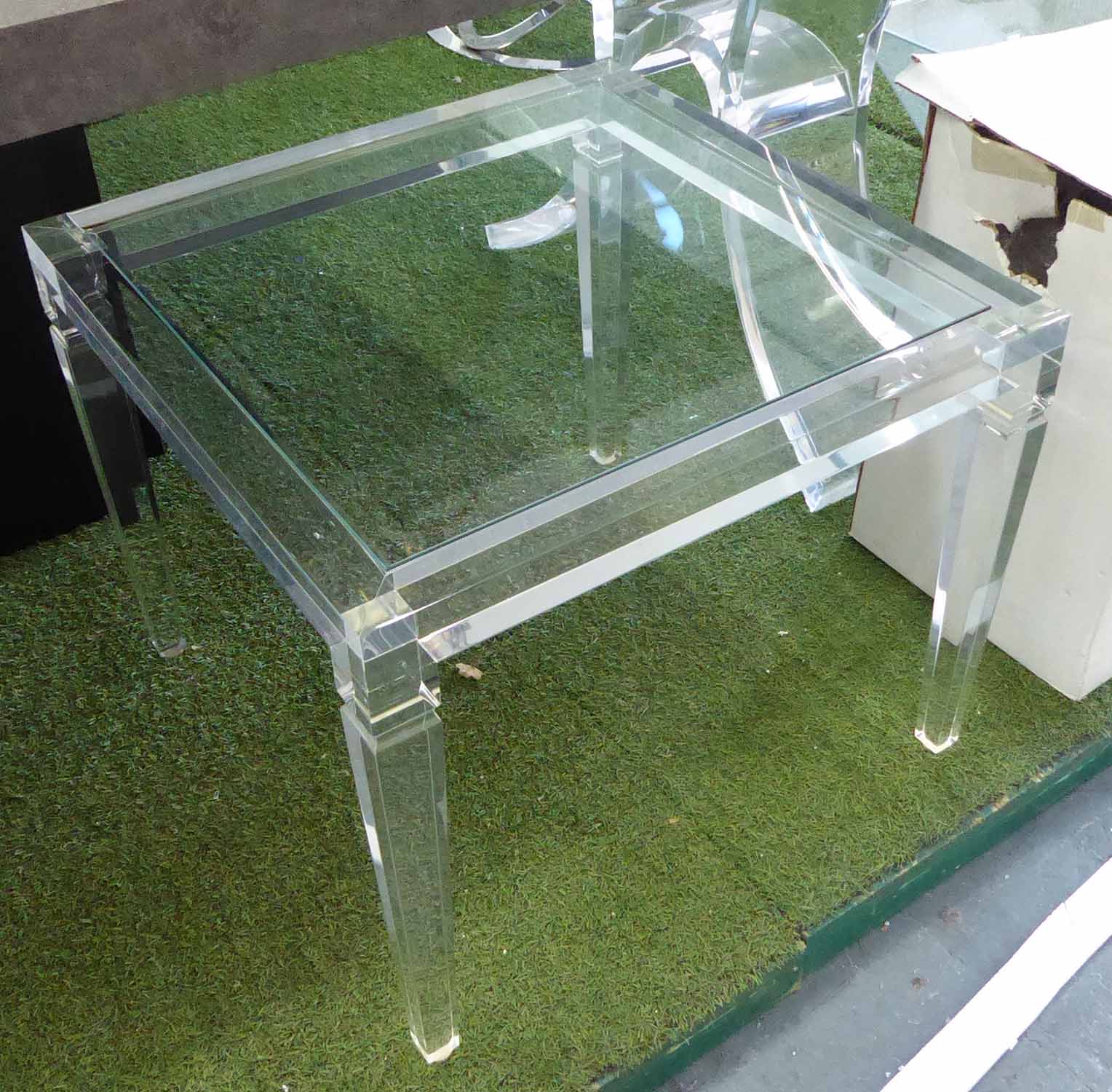 SIDE TABLE, with glass top on lucite square base, 62cm x 62cm x 50cm H.