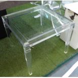 SIDE TABLE, with glass top on lucite square base, 62cm x 62cm x 50cm H.