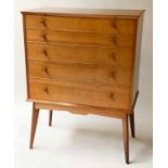 CHEST, mid 20th century walnut by Cox, with five long drawers and splay tapering supports,