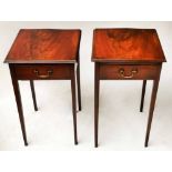 BEDSIDE/LAMP TABLES, a pair, George III design flame mahogany rectangular with tapering supports,