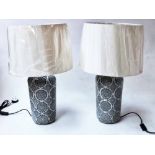 LAMPS, a pair, ceramic cask form grey white mosaic pattern with shades, 67cm H.