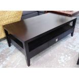 LOW TABLE, dark wood with shelf and drawer, 43cm H x 120cm x 65cm.