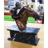 BRONZE FIGURE OF RACING HORSE AND JOCKEY, early 20th century style, on marble base, 38cm H x 30cm W.