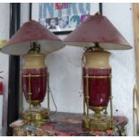 TABLE LAMPS, a pair, vase type with brass fittings and shades, 85cm H.