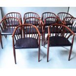 DINING ARMCHAIRS, a set of ten, metal bowed stick back in teak effect finish.