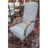 ARMCHAIR, 1950's upholstered in ticking fabric with habala style arms, 102cm H x 52cm x 76cm.