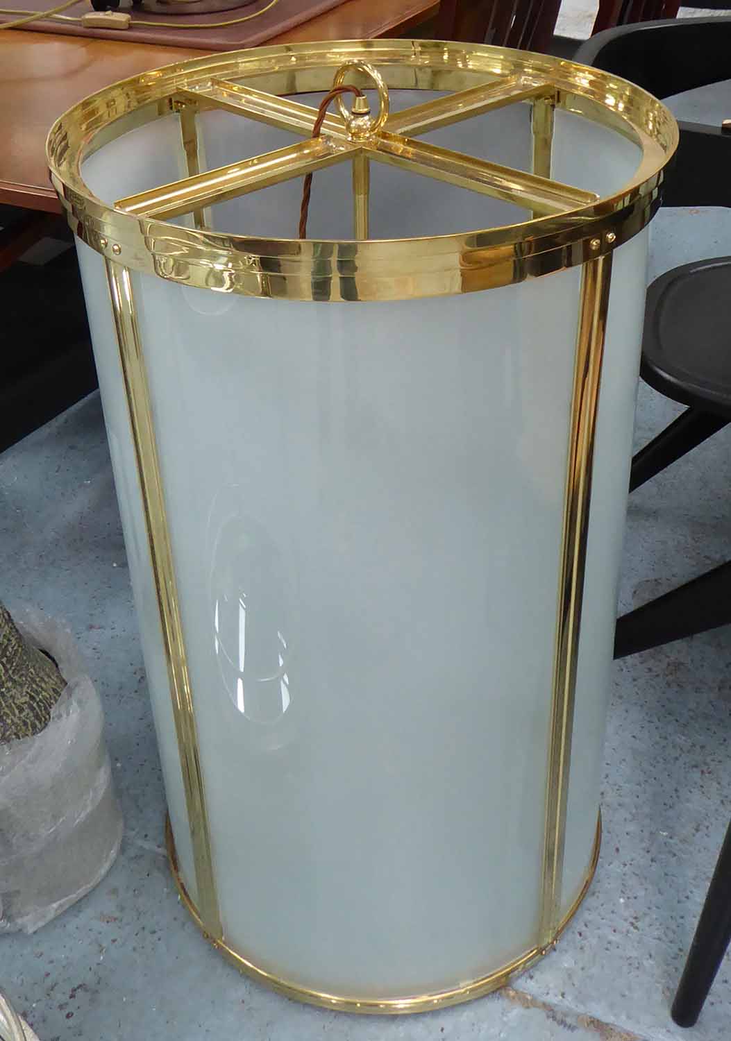 HANGING CYLINDRIC LIGHT, in brass, 50cm diam x 86cm H plus chain.