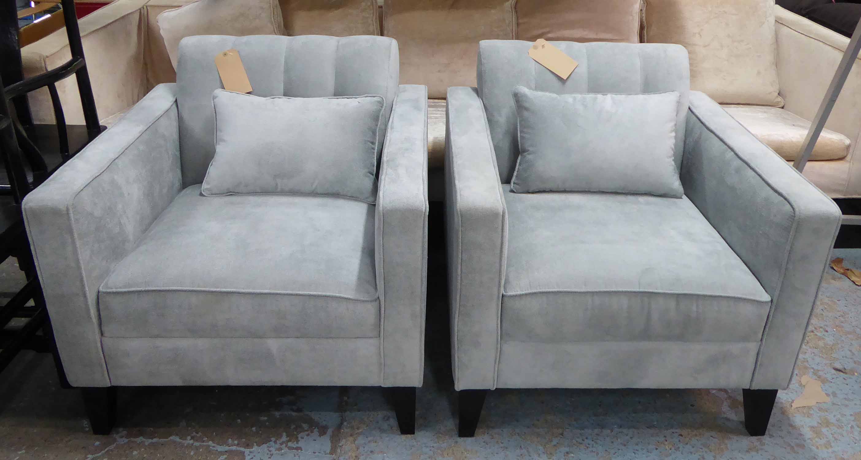 ARMCHAIRS, a pair, in grey upholstery to match previous lot, 80cm W x 83cm x 74cm H.