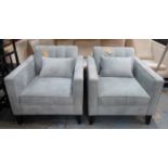 ARMCHAIRS, a pair, in grey upholstery to match previous lot, 80cm W x 83cm x 74cm H.