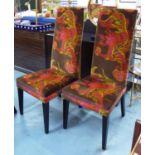 DINING CHAIRS, a set of six, with Chinese dragon upholstery, 122cm H x 51cm.