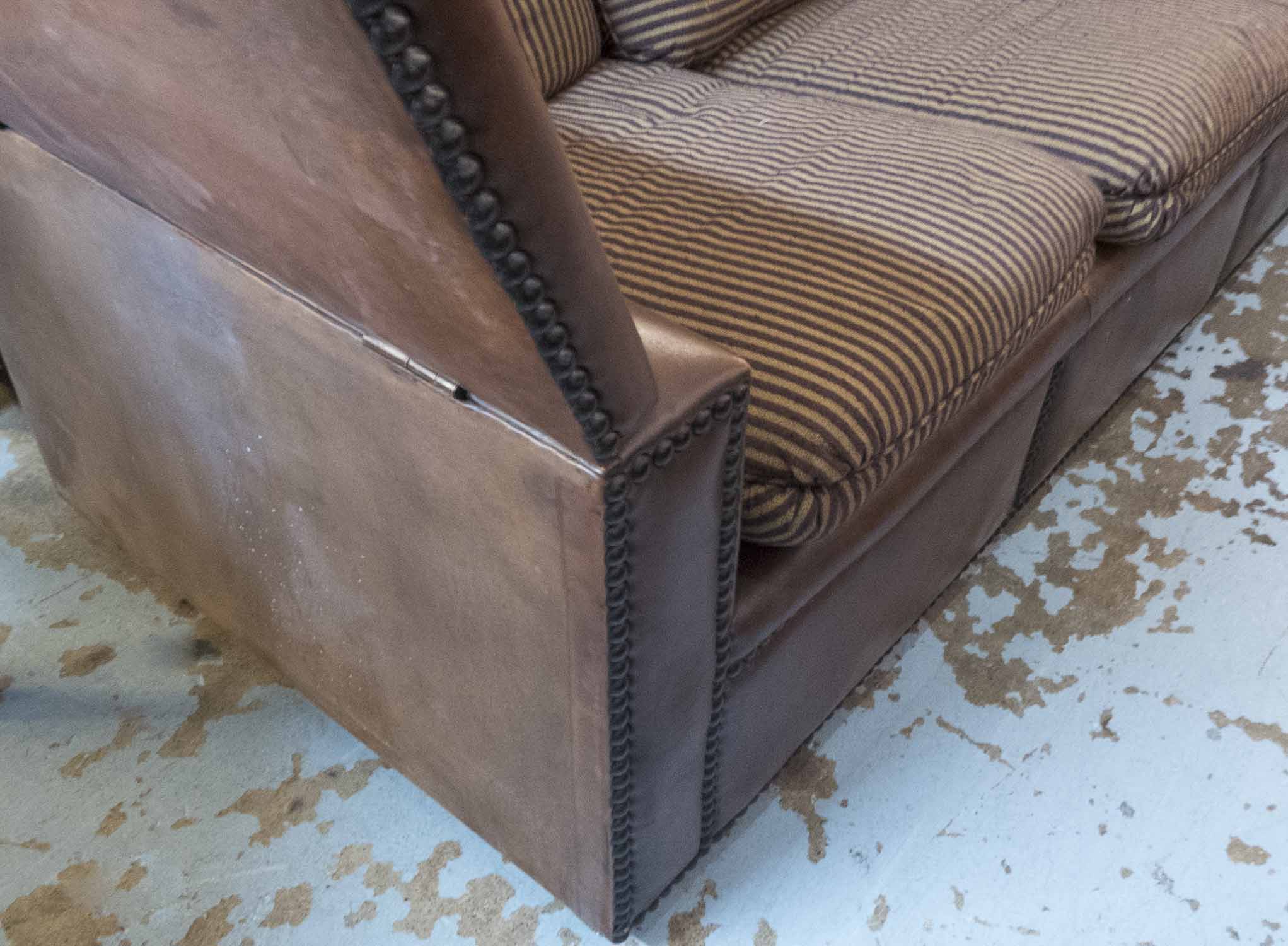 KNOLE SOFA, of substantial proportions, brown leather with studded detail and striped cushions, - Image 3 of 3
