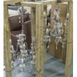 CHANDELIERS, a pair, chrome with twelve lights and hanging glass pendants,