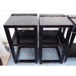 CHINESE PLANTER STANDS, two, ebonised wood with a shelf, 44cm x 44cm x 85cm H.