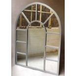 CONSERVATORY MIRROR, arched window pane form and silvered wood, 162cm H x 120cm W.