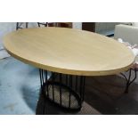 CENTRE TABLE, the oval wooden top on a metal central base, 160cm x 116cm.