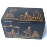 TEA CADDY, 19th century Chinese export dark green and gilded Chinoiserie painted with rising lid,