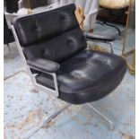 LOBBY CHAIR, Charles and Ray Eames black buttoned leather, aluminium frame on swivel base.