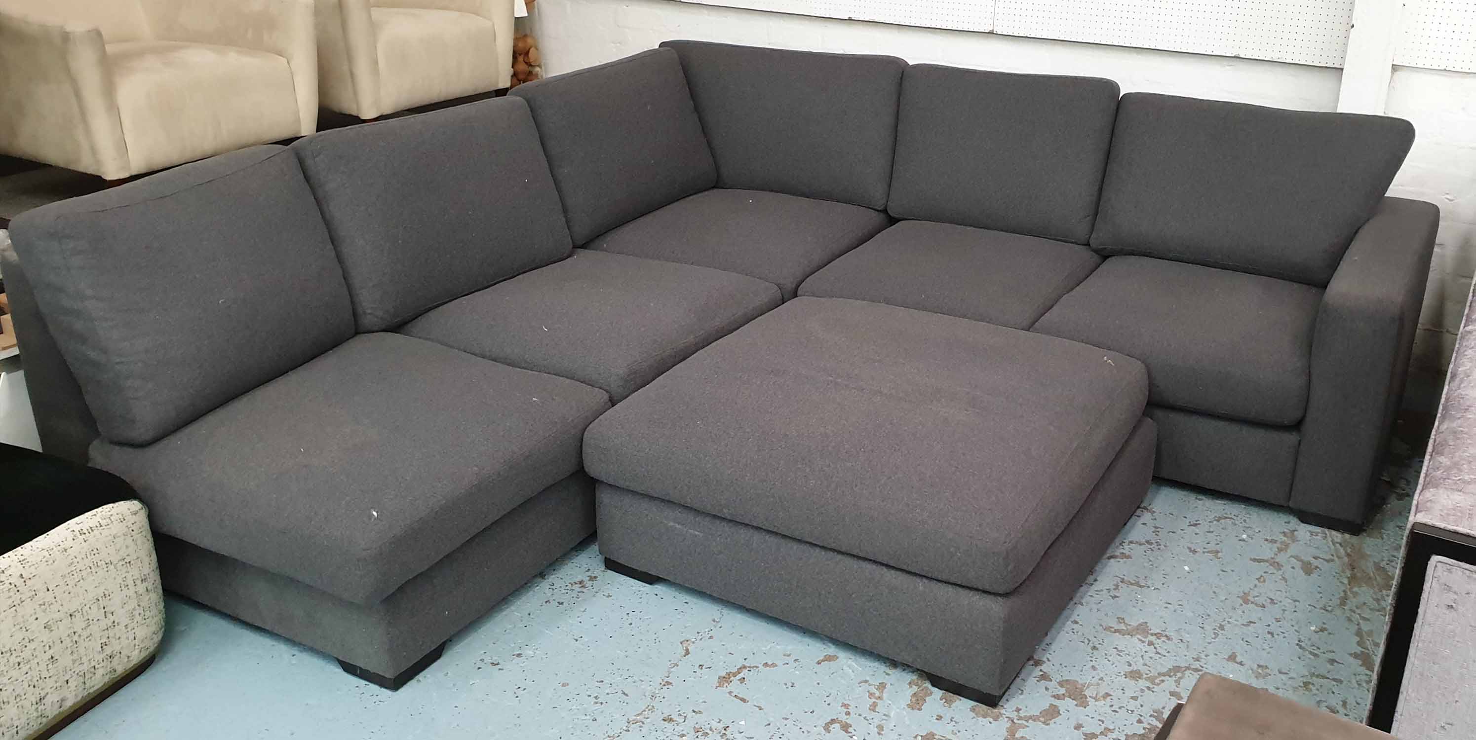 CORNER SOFA, contemporary grey felt finish, 250cm x 250cm x 72cm and ottoman.