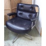 LOBBY CHAIR, Charles and Ray Eames black buttoned leather, aluminium frame on swivel base.