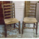 DINING CHAIRS, a set of six, including two armchairs, beechwood with ladder backs and rush seats.