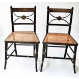 SIDE CHAIRS, a pair, Regency black lacquered and gilt, each with Greek key bar back,