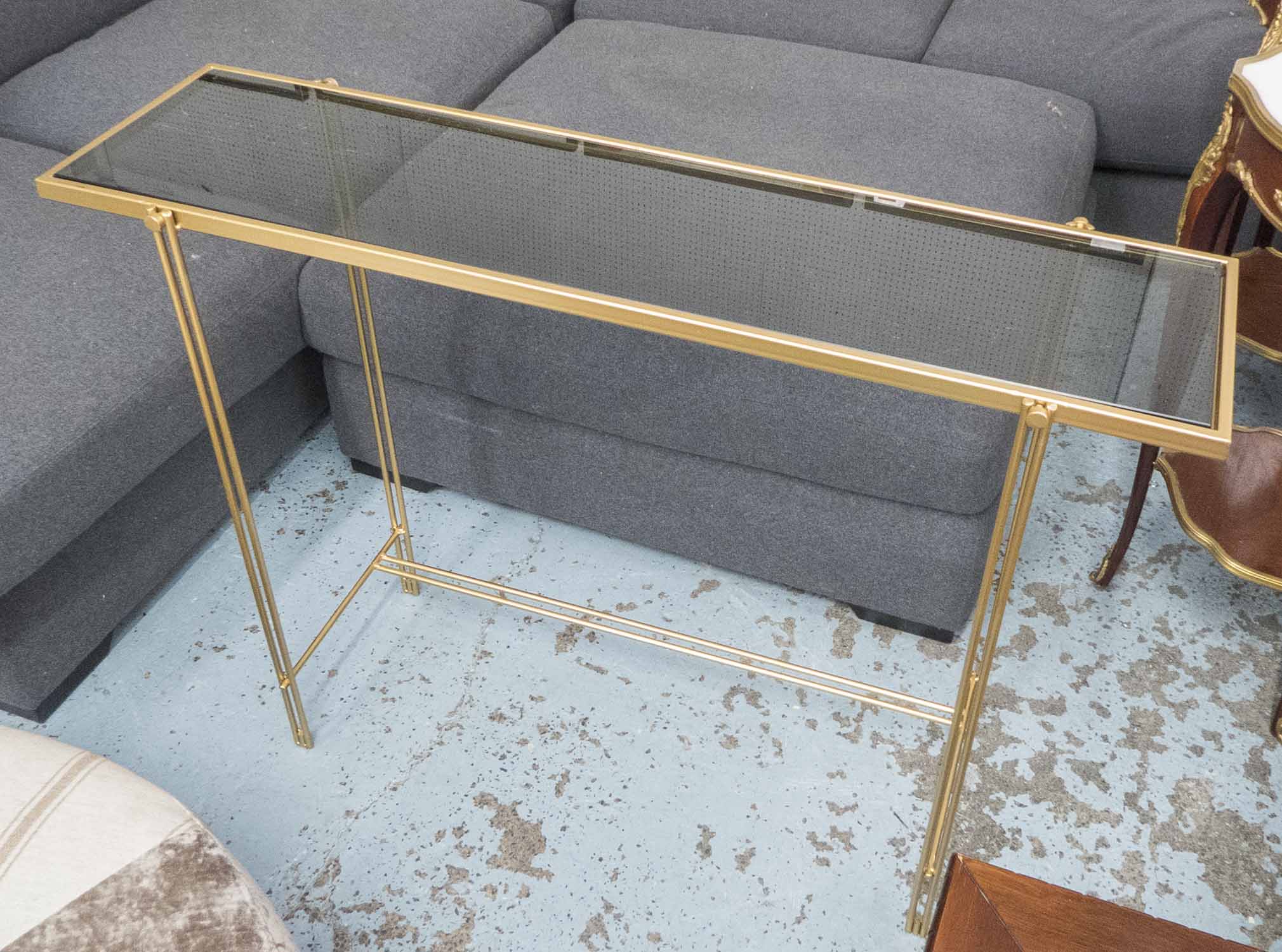 CONSOLE TABLE, gilt metal base tinted glass contemporary style, 120cm x 30cm x 75cm.