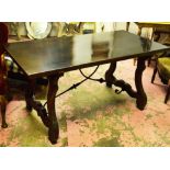 SPANISH TABLE, with scrolled cast iron stretchers and shaped supports, 150cm x 75cm.