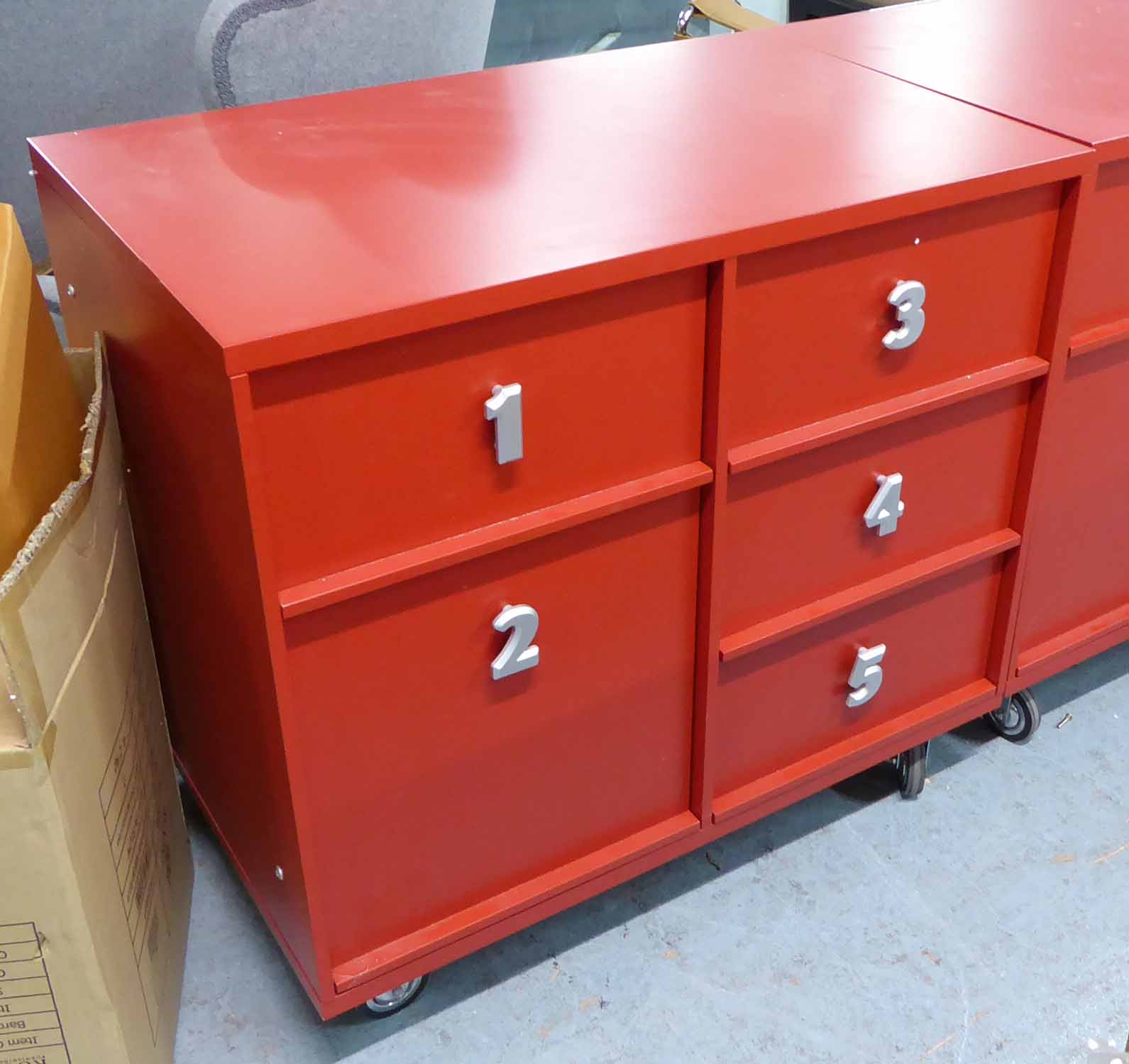 PLAYROOM CHEST OF DRAWERS, red finish with number handles, 82cm x 52cm x 77cm H.