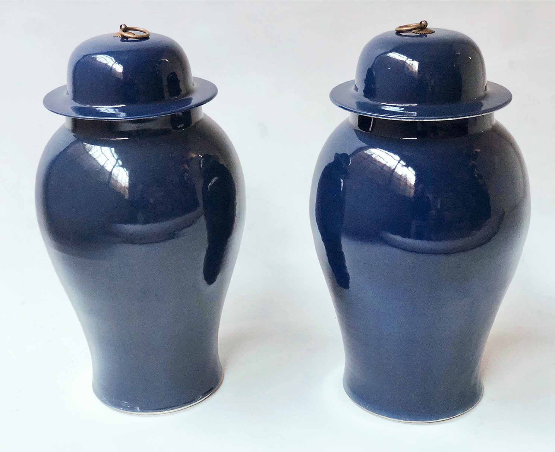 TEMPLE JARS, a pair, Chinese violet blue ceramic ginger jar form with lids, 53cm H.