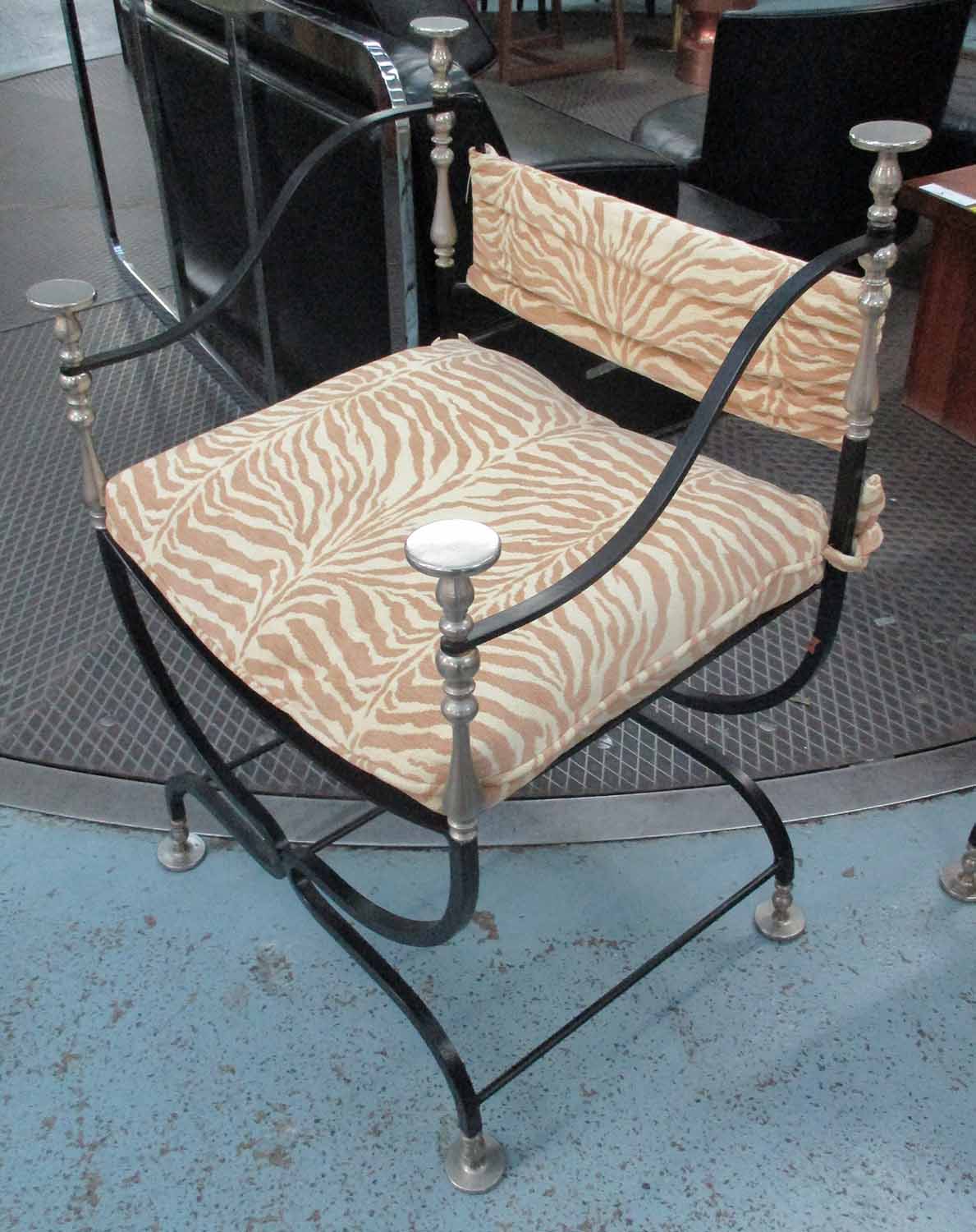 OPEN ARMCHAIRS, a pair, classical style in metal with padded seats and back rests,