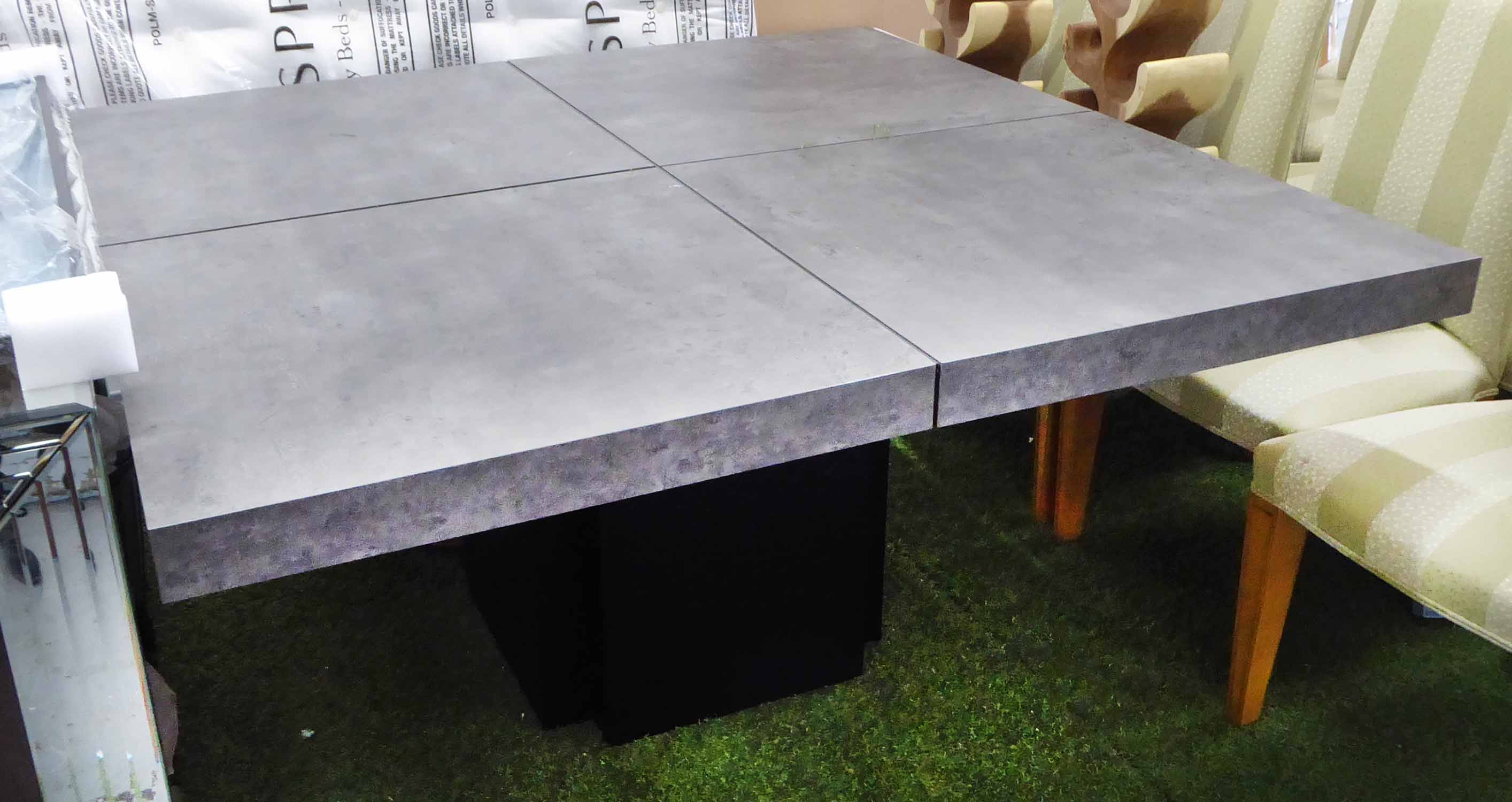 DINING TABLE, industrial style with a cement effect top on a plinth base, 150cm x 150cm x 75cm H.