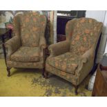 WING ARMCHAIRS, a pair, Georgian style with grey and orange leaf patterned chenille upholstery,