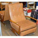 PAIR OF RETRO SCANDINAVIAN STYLE TEAK FRAMED TAN LEATHER EFFECT EASY CHAIRS