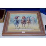 MODERN FRAMED OIL PAINTING ON BOARD - HORSE RACING, SIGNATURE INDISTINCT