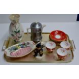 TRAY WITH PART SUTHERLAND TEA SET, GOEBEL FIGURE, MALING DISH & VASE & TEAPOT