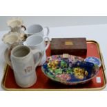 TRAY WITH VARIOUS POTTERY JUGS, VASES, MALING BOWL ETC