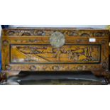 SMALL ORIENTAL CARVED CHEST WITH LADIES HANDBAG, FURS, JEWELLERY BOX ETC
