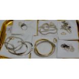 2 SILVER NECKLACES, 3 SILVER BRACELETS, 2 SILVER PENDANTS & CHAINS & A SILVER DRESS RING (SOME