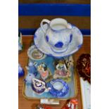 TRAY CONTAINING BLUE & WHITE BASIN & EWER, MINIATURE TEAPOTS, BLUE & WHITE CUP & SAUCER, FIGURINE